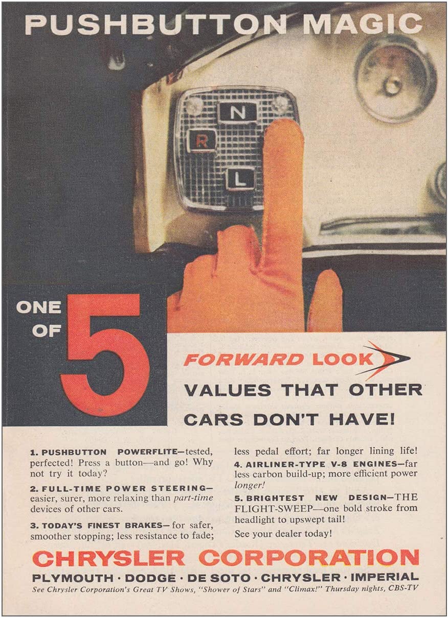 Chrysler TorqueFlite Pushbutton Print Ad Forward Look Virgil Exner